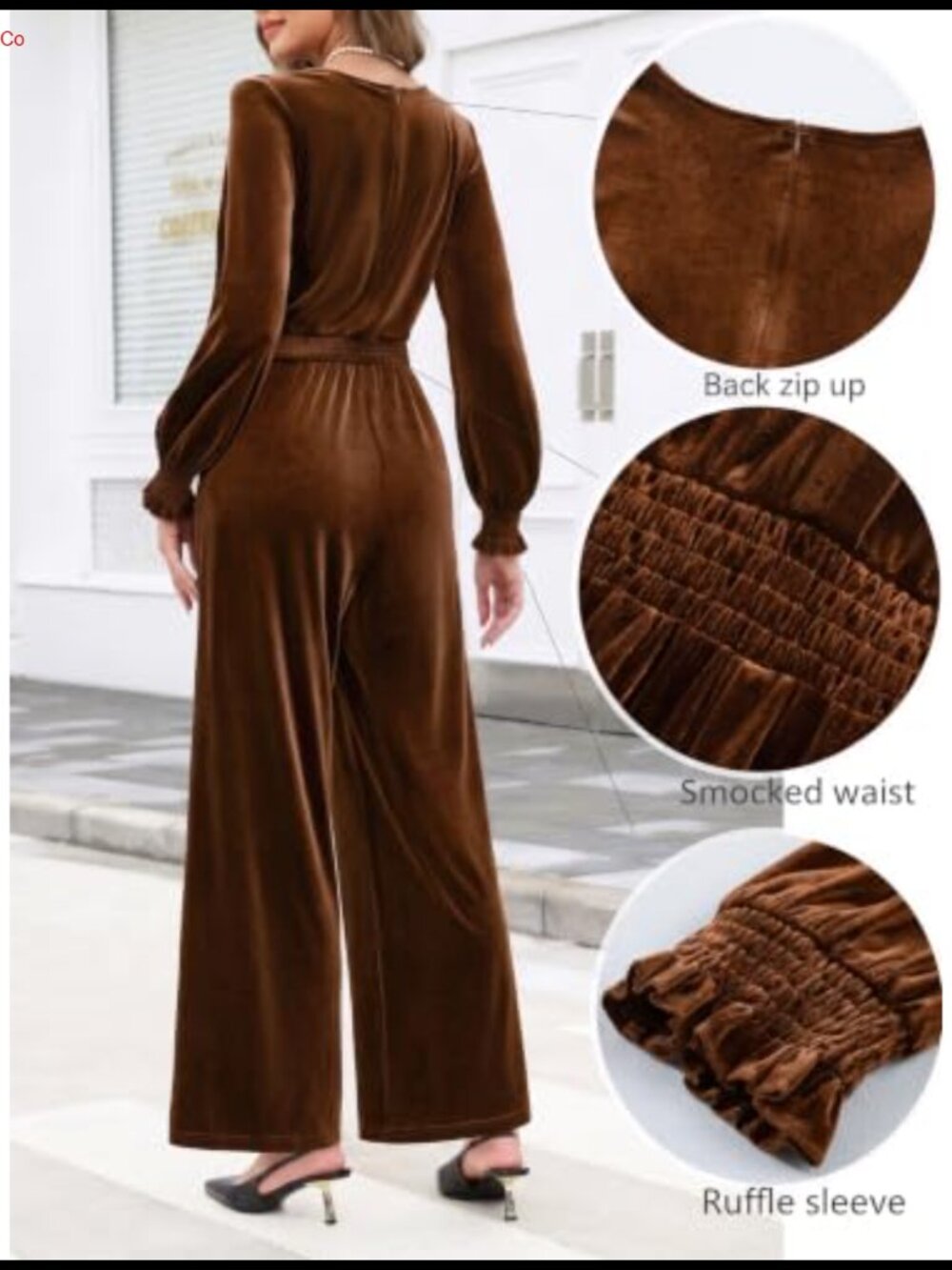 Velvet V-Neck Long Sleeve Wide Leg Jumpsuit with Pockets - Picture 3 of 6